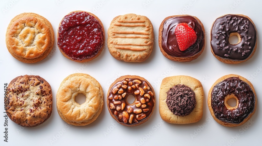 Assorted Fresh Baked Cookies Selection on White Background Variety of Flavors Including Strawberry Jam Red Velvet and Coconut Cookies Assorted Fresh Baked Cookies Selection on White Background Variety of Flavors Including Strawberry Jam Red Velvet and Coconut Cookies