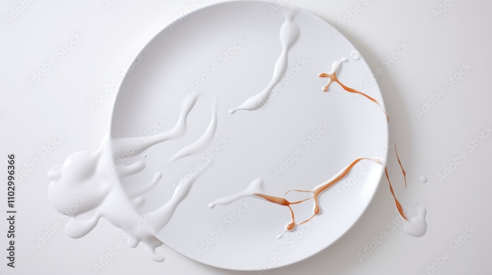 Abstract composition of a plastic plate featuring artistic paint splashes on a clean white background for creative design and advertising use Abstract composition of a plastic plate featuring artistic paint splashes on a clean white background for creative design and advertising use