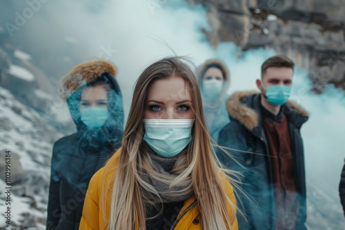 Group of people in protective medical masks on the background of a mountain landscape