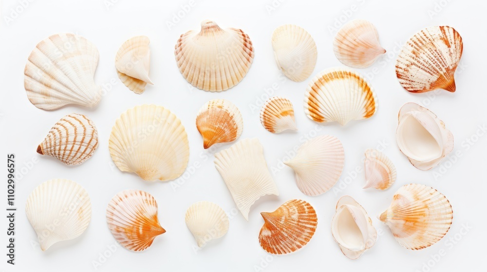 Collection of assorted seashells arranged on a clean white background highlighting their unique textures and colors for marine themes Collection of assorted seashells arranged on a clean white background highlighting their unique textures and colors for marine themes