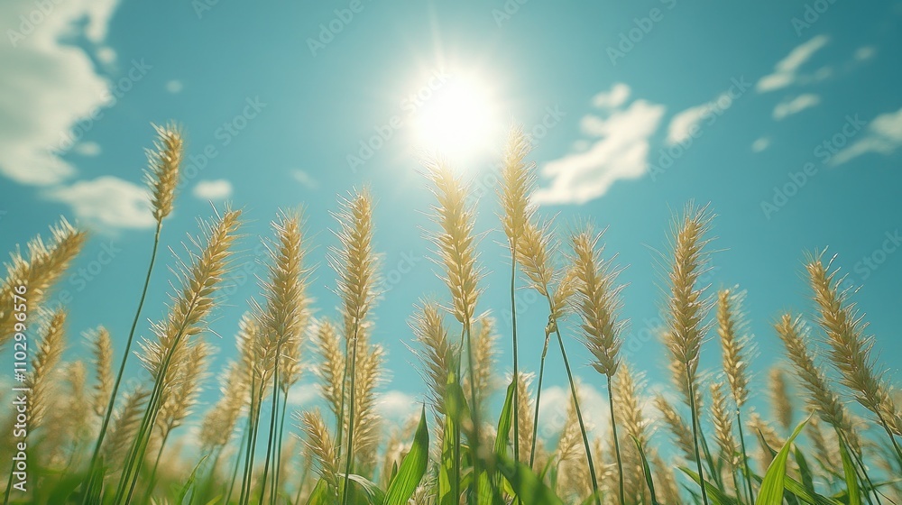 Wheat plants illuminated by sunlight under a clear blue sky captured from a dramatic low angle perspective Wheat plants illuminated by sunlight under a clear blue sky captured from a dramatic low angle perspective