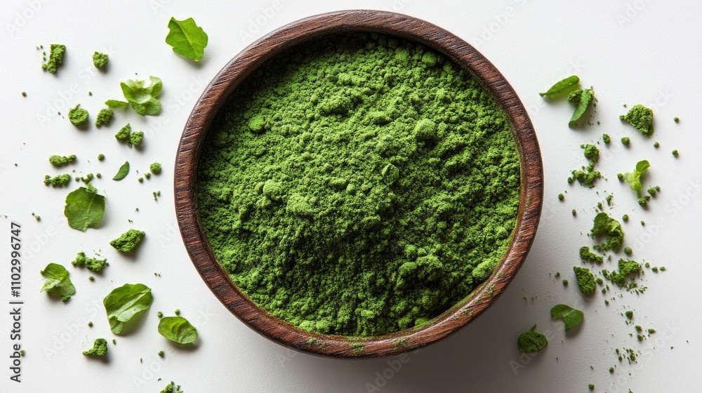 Green freeze-dried wheat or barley grass powder in wooden bowl surrounded by leaf fragments on a white background viewed from above Green freeze-dried wheat or barley grass powder in wooden bowl surrounded by leaf fragments on a white background viewed from above