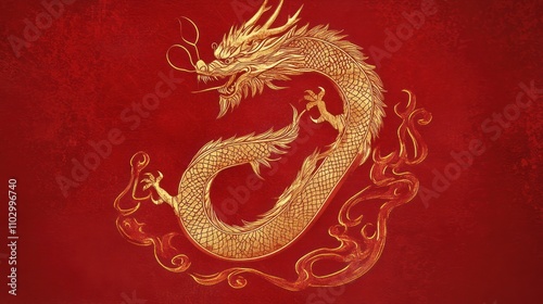 Golden Chinese dragon coiled on red background.