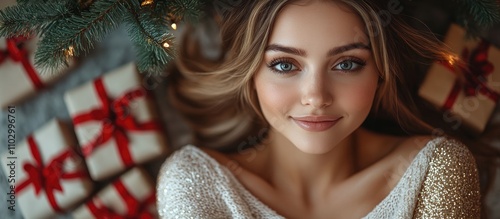 Stylish middle aged woman in a sequined skirt and sweater smiling by a beautifully decorated Christmas tree with gift boxes and red bows