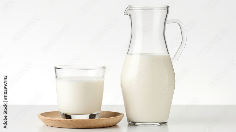 Fresh milk in a glass jug alongside a filled glass on a wooden plate against a clean white background Fresh milk in a glass jug alongside a filled glass on a wooden plate against a clean white background