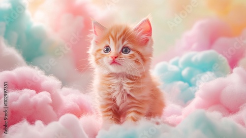 49.A fluffy, smiling baby kitten in a 3D world filled with pastel cotton clouds. The kitten soft fur is highlighted by a shallow depth of field and cinematic lighting, while splatter-paint patterns