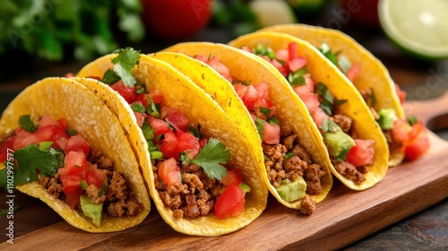 Delicious and Colorful Taco Spread with Fresh Ingredients on Wooden Board Ideal for Tasty Mexican Cuisine and Party Themes photo