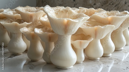 King oyster mushrooms arranged artistically on a light marble surface showcasing their unique shape and texture in a culinary context photo