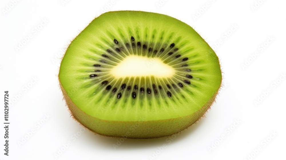 Fresh kiwi fruit slice showcasing vibrant green flesh and black seeds on a white background perfect for food or health-related themes Fresh kiwi fruit slice showcasing vibrant green flesh and black seeds on a white background perfect for food or health-related themes