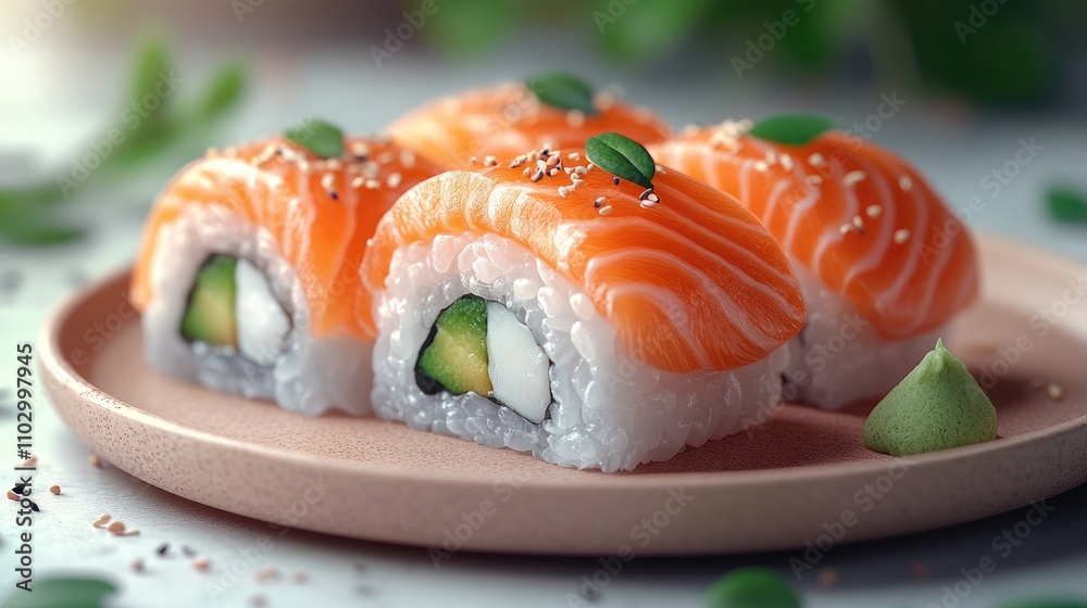 Sushi Rolls with Salmon and Avocado Garnished with Wasabi Japanese Cuisine Culinary Delight Sushi Rolls with Salmon and Avocado Garnished with Wasabi Japanese Cuisine Culinary Delight