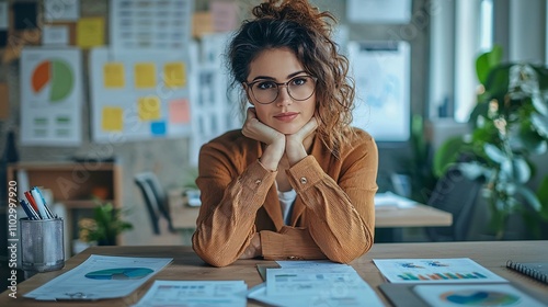 A confident businesswoman at a modern office desk, surrounded by charts and technology, embodies the concepts of potential and capability in strategic thinking.