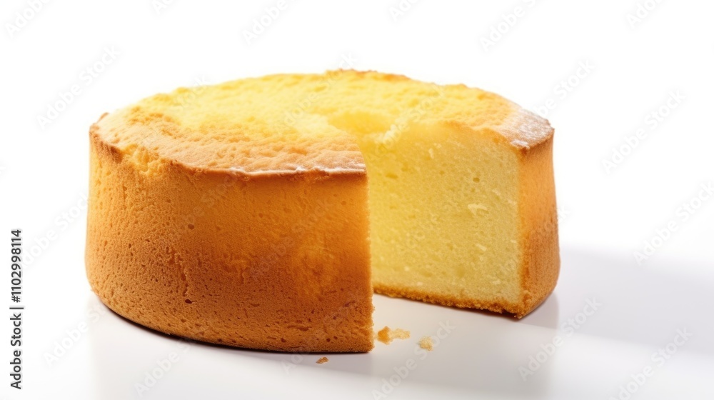 Homemade Fresh Chiffon Cake with a Slice Cut on White Background Bakery Treats and Desserts Concept Homemade Fresh Chiffon Cake with a Slice Cut on White Background Bakery Treats and Desserts Concept