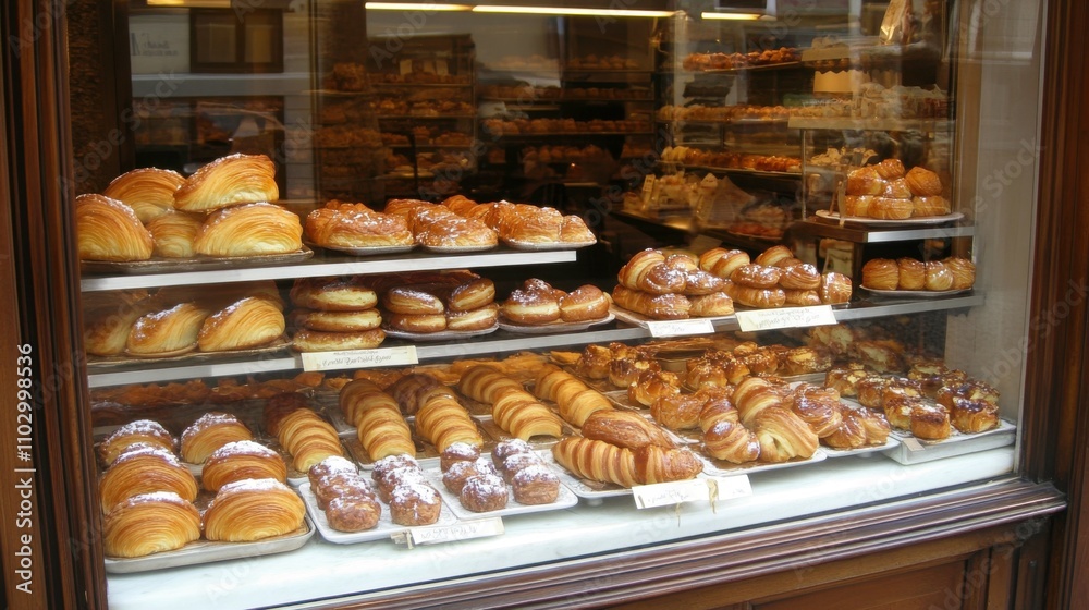 Freshly Baked Pastries Displayed in a Bakery Shop Window with an Array of Delicious Sweets, Croissants, and Desserts Tempting Passersby Freshly Baked Pastries Displayed in a Bakery Shop Window with an Array of Delicious Sweets, Croissants, and Desserts Tempting Passersby
