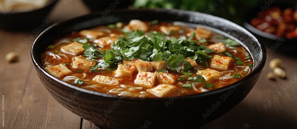 Delicious Asian noodle soup featuring tofu, fresh herbs, and rich broth served in a traditional bowl on a rustic wooden table.