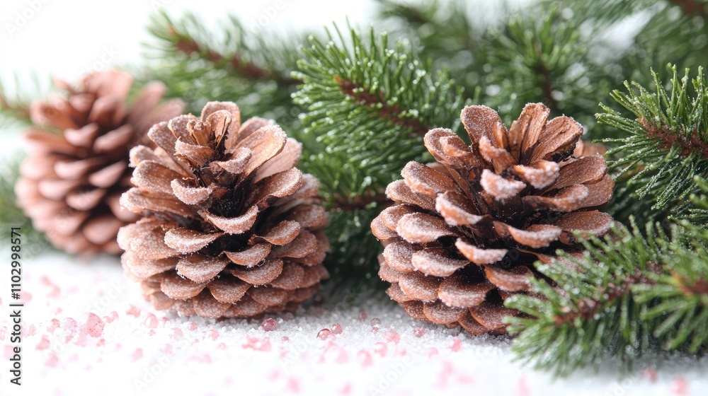 Holiday pink ribbon and pine cones on pine tree branch against a white background creating a festive and elegant seasonal atmosphere Holiday pink ribbon and pine cones on pine tree branch against a white background creating a festive and elegant seasonal atmosphere