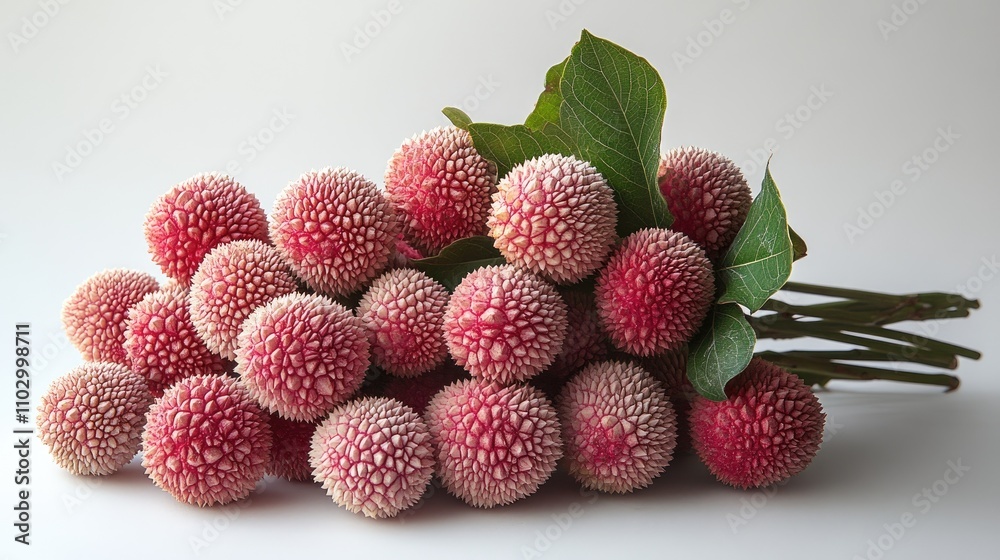 Freshly harvested lychees arranged beautifully with green leaves on a clean white background highlighting their vibrant colors and textures. Freshly harvested lychees arranged beautifully with green leaves on a clean white background highlighting their vibrant colors and textures.