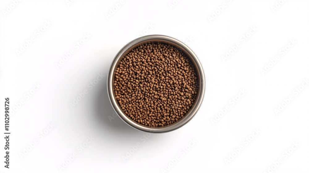 101.A highly detailed top-view 3D render of a metal bowl filled with dry food, isolated on a bright white background. The bowl’s sleek design and the crunchy texture of the kibble create a visually 101.A highly detailed top-view 3D render of a metal bowl filled with dry food, isolated on a bright white background. The bowl’s sleek design and the crunchy texture of the kibble create a visually