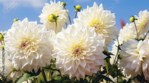 closeup of blooming white dahlia flowers against a blue sky showcasing intricate petal details and lush green foliage