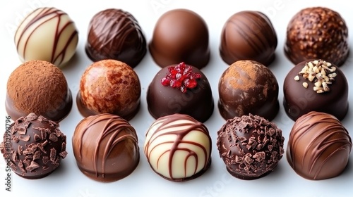 Assorted gourmet pralines in various chocolate coatings and toppings arranged beautifully on a white background