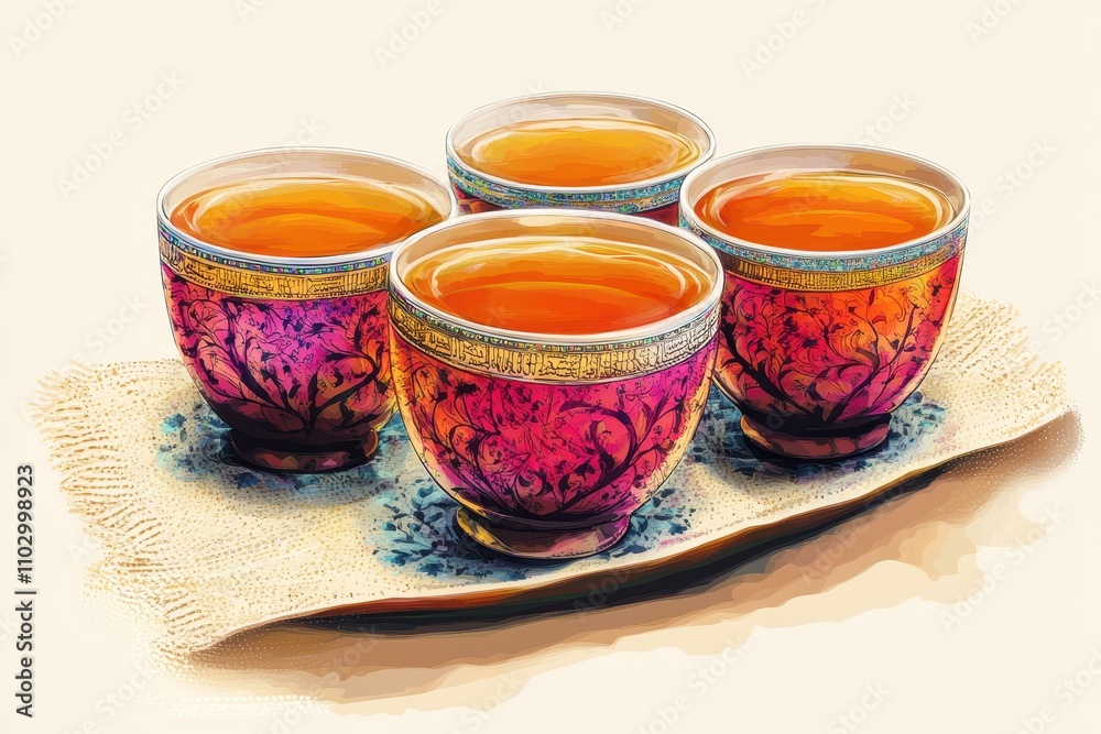 Vibrant Islamic Tea Set with Ornate Patterns Vibrant Islamic Tea Set with Ornate Patterns