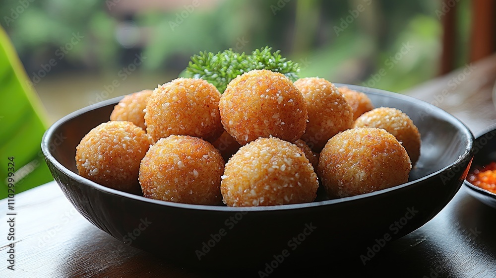 Traditional Indonesian cassava balls served in a black bowl garnished with greenery and surrounded by vibrant banana leaves.