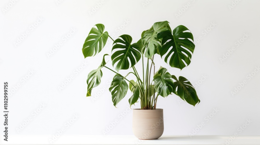 Monstera plant in a stylish container showcasing lush green leaves against a minimalist white background for indoor decor inspiration Monstera plant in a stylish container showcasing lush green leaves against a minimalist white background for indoor decor inspiration