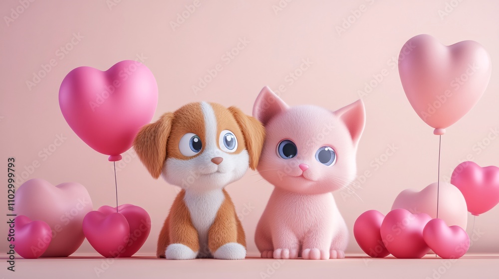21.A 3D illustration of a cute puppy and kitten sitting side by side, both with soft, rounded bodies and big, expressive eyes. The kitten is pink, and the puppy has floppy ears, both designed in a 21.A 3D illustration of a cute puppy and kitten sitting side by side, both with soft, rounded bodies and big, expressive eyes. The kitten is pink, and the puppy has floppy ears, both designed in a