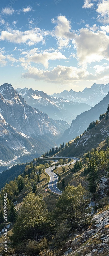 Highway climbing up a steep mountain pass with the wind in the trees, peaceful landscape, wind in trees Highway climbing up a steep mountain pass with the wind in the trees, peaceful landscape, wind in trees