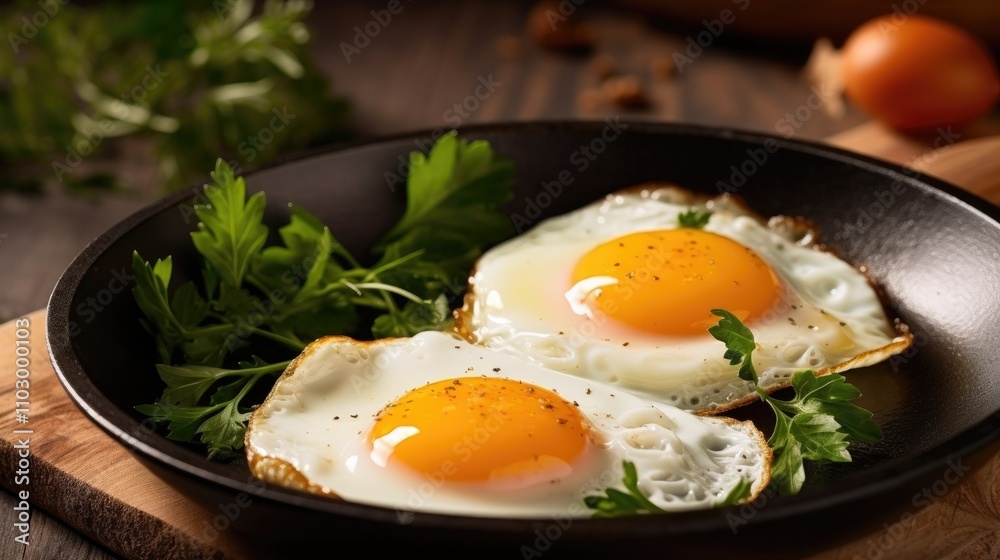 Fried eggs served in a frying pan with fresh herbs on a rustic wooden table for a delicious and simple breakfast option Fried eggs served in a frying pan with fresh herbs on a rustic wooden table for a delicious and simple breakfast option