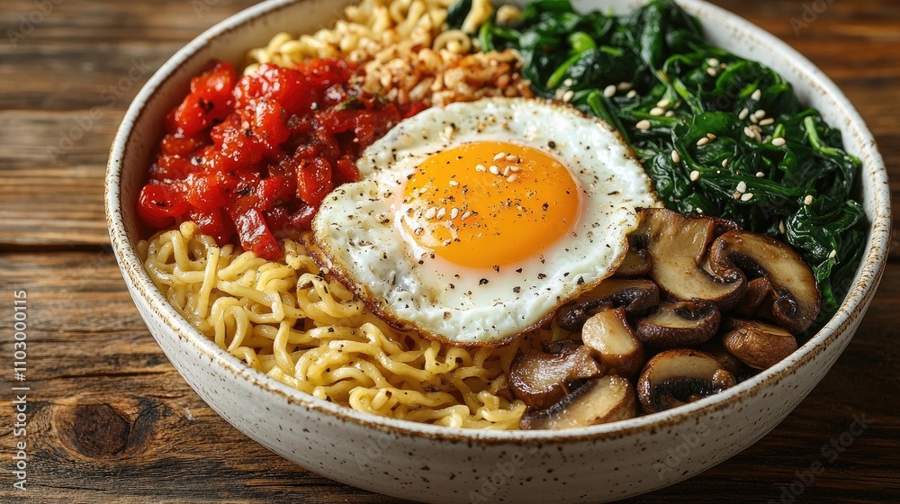 Healthy homemade noodle bowl with sunny side egg vegetables and mushrooms on wooden background aerial view delicious meal prep Healthy homemade noodle bowl with sunny side egg vegetables and mushrooms on wooden background aerial view delicious meal prep