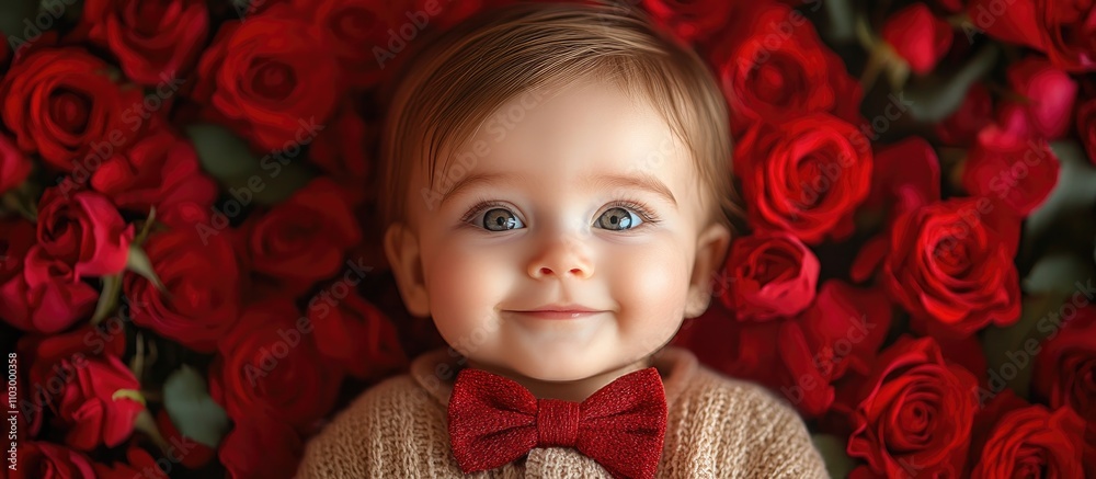 Baby in bow tie surrounded by red roses and petals joyful expression capturing innocence and beauty in vibrant floral setting Baby in bow tie surrounded by red roses and petals joyful expression capturing innocence and beauty in vibrant floral setting