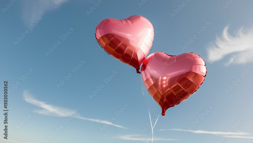 Fototapeta premium Red heart-shaped balloon floating in the sky with clouds, symbolizing love and romance on a clear summer day