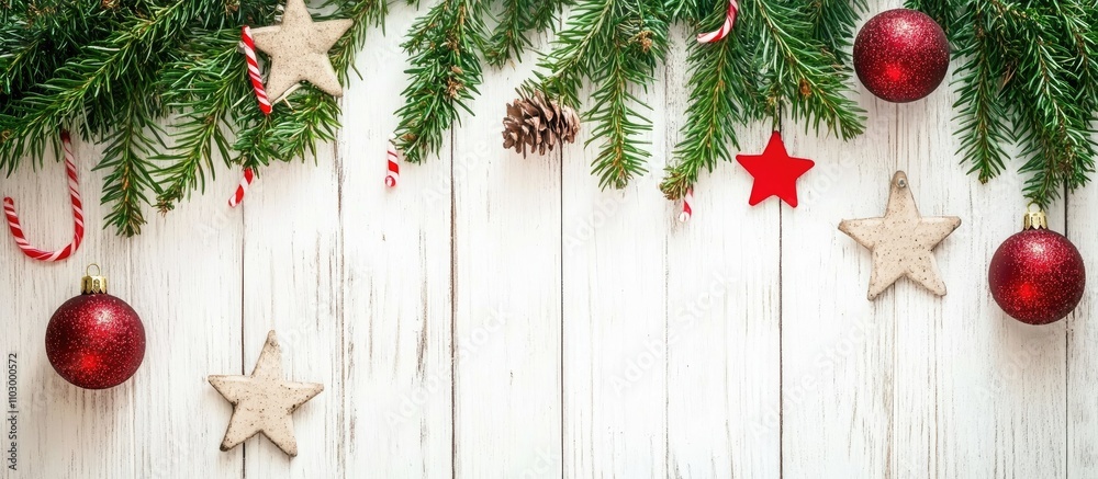 Festive holiday decorations featuring red ornaments and natural elements on a white wooden backdrop with ample space for text use Festive holiday decorations featuring red ornaments and natural elements on a white wooden backdrop with ample space for text use