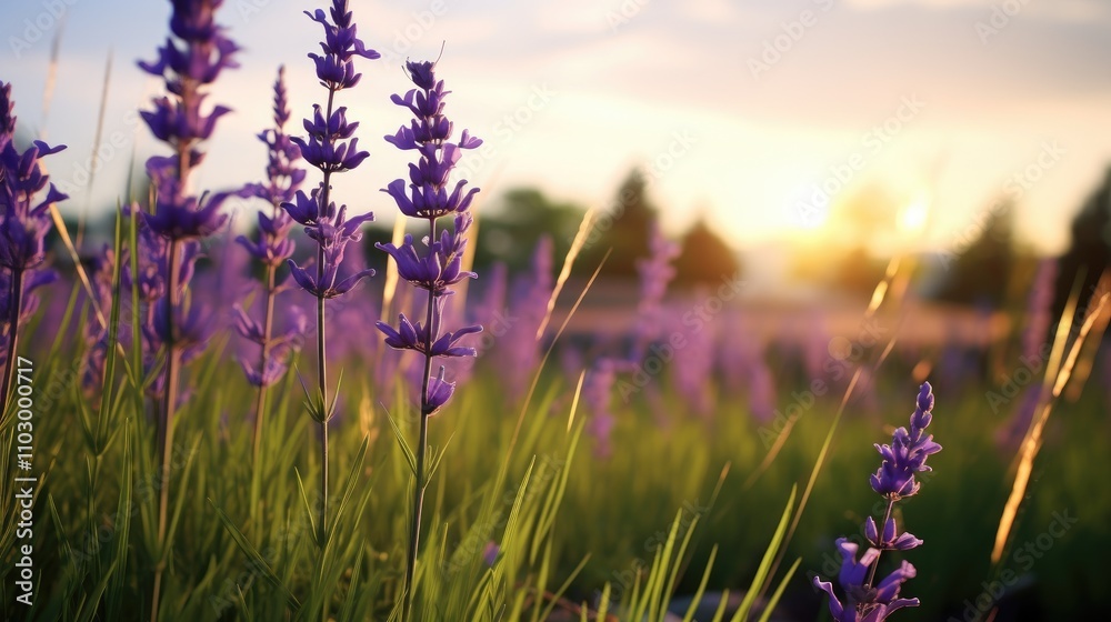 Naklejka premium Lavender flowers in bloom under a vibrant sunset in a scenic wild meadow landscape