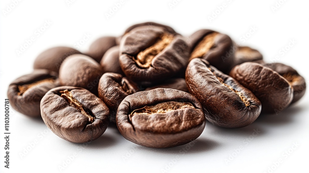 Obraz premium Roasted coffee beans piled together showcasing texture and rich color on a clean white background for a fresh coffee theme