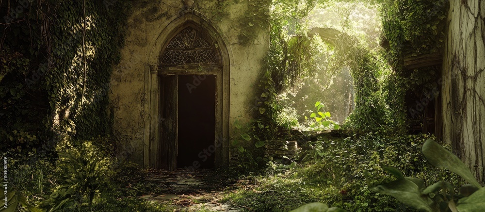 Ancient ruins enveloped in lush vegetation creating a tranquil and mystical atmosphere in a forgotten secret garden. Ancient ruins enveloped in lush vegetation creating a tranquil and mystical atmosphere in a forgotten secret garden.