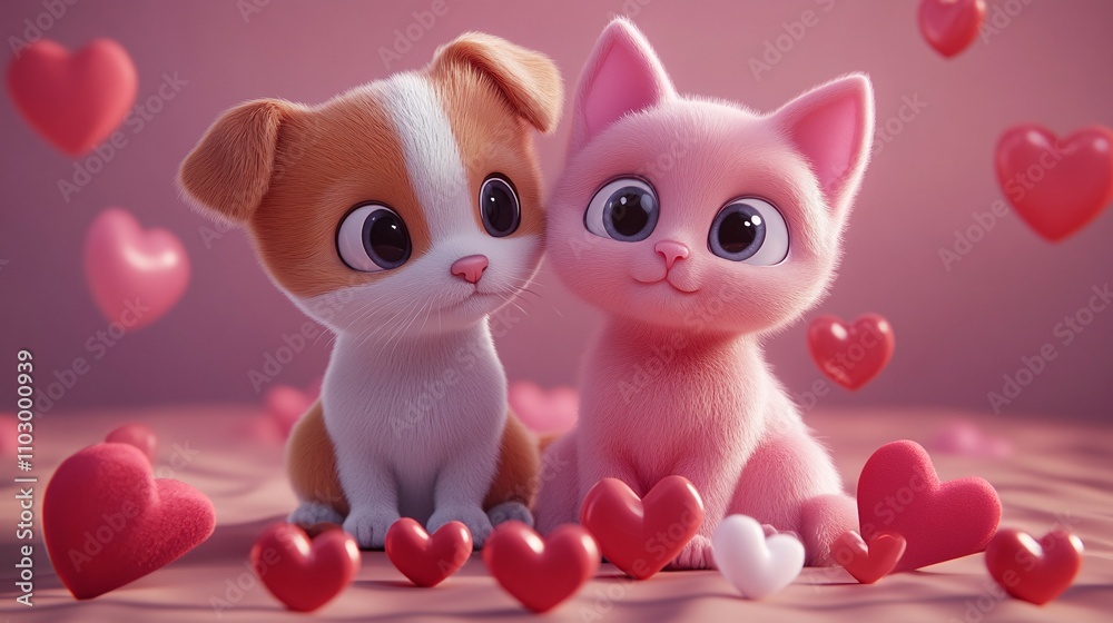 24.A lovable puppy and kitten sitting side by side, surrounded by heart-shaped decorations. The kitten is pink, with big, round eyes, and the puppy has floppy ears, both rendered in a playful 3D 24.A lovable puppy and kitten sitting side by side, surrounded by heart-shaped decorations. The kitten is pink, with big, round eyes, and the puppy has floppy ears, both rendered in a playful 3D