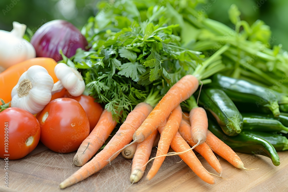 A vibrant assortment of fresh vegetables, including carrots, tomatoes, and herbs, on a wooden surface.