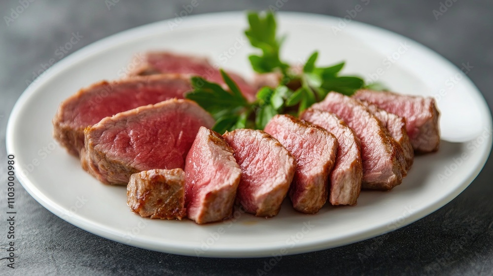 Sliced veal fillet elegantly arranged on a white plate garnished with fresh parsley highlighting culinary presentation and gourmet cuisine. Sliced veal fillet elegantly arranged on a white plate garnished with fresh parsley highlighting culinary presentation and gourmet cuisine.