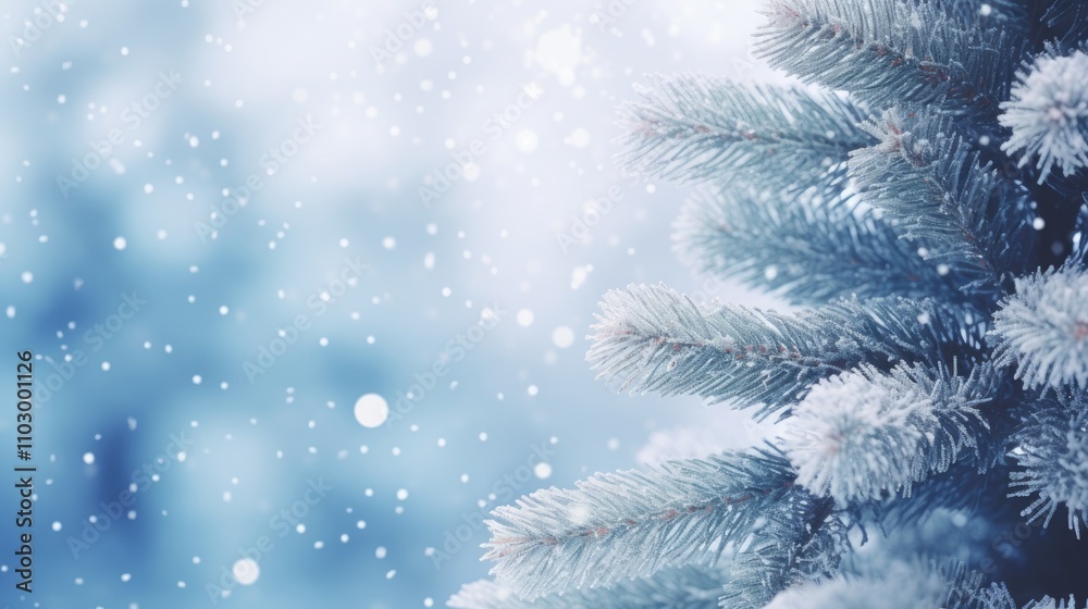 Winter snowy pine tree with blurred snowy backdrop creating a serene atmosphere perfect for seasonal greetings and holiday promotions Winter snowy pine tree with blurred snowy backdrop creating a serene atmosphere perfect for seasonal greetings and holiday promotions