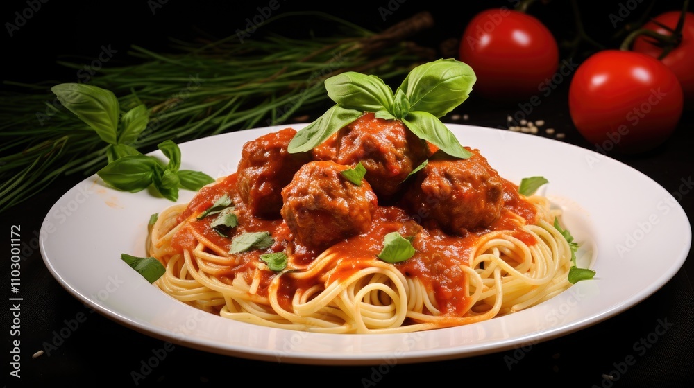 Delicious spaghetti and meatballs topped with cheese and fresh basil in rich tomato sauce garnished with herbs and red tomatoes Delicious spaghetti and meatballs topped with cheese and fresh basil in rich tomato sauce garnished with herbs and red tomatoes