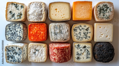 Variety of natural hard cheeses arranged neatly on a white background showcasing diverse textures and colors for culinary presentations. photo