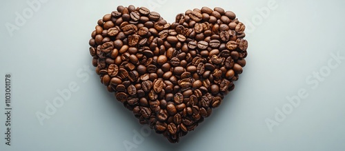 Heart shape created with coffee beans on a light background symbolizing love and passion for coffee and its rich aroma.