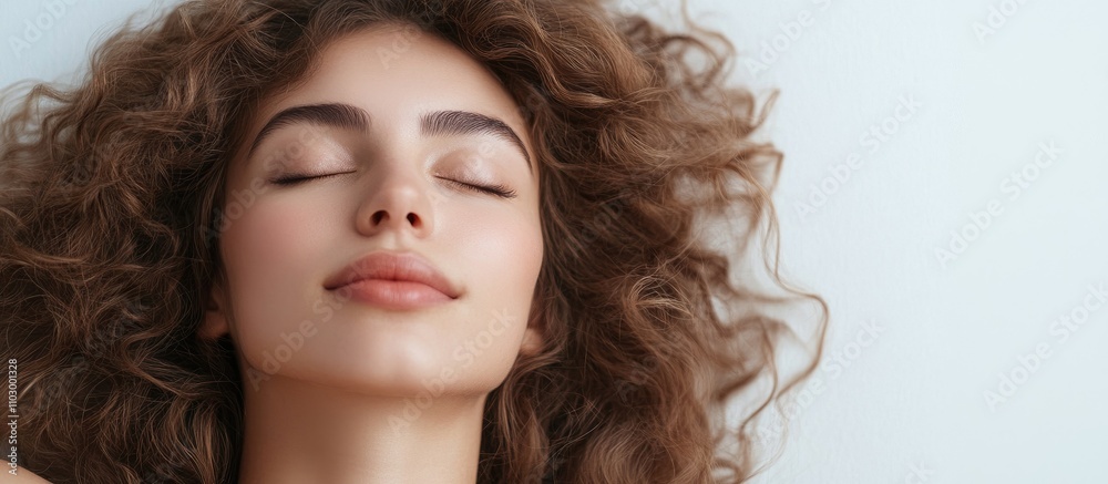 Elegant woman with curly hair relaxing peacefully against a soft background conveying serenity and tranquility in a portrait setting Elegant woman with curly hair relaxing peacefully against a soft background conveying serenity and tranquility in a portrait setting