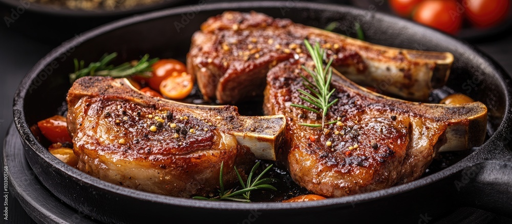 Frying succulent meat chops in a seasoned skillet surrounded by fresh herbs and cherry tomatoes for a gourmet cooking experience Frying succulent meat chops in a seasoned skillet surrounded by fresh herbs and cherry tomatoes for a gourmet cooking experience