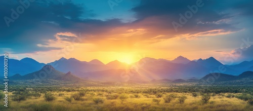 Breathtaking desert landscape at sunset showcasing arid beauty and dramatic mountain silhouettes under a colorful sky