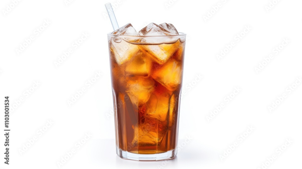 Refreshing iced tea in a clear glass with ice cubes and a straw on a clean white background for summer beverage concepts. Refreshing iced tea in a clear glass with ice cubes and a straw on a clean white background for summer beverage concepts.