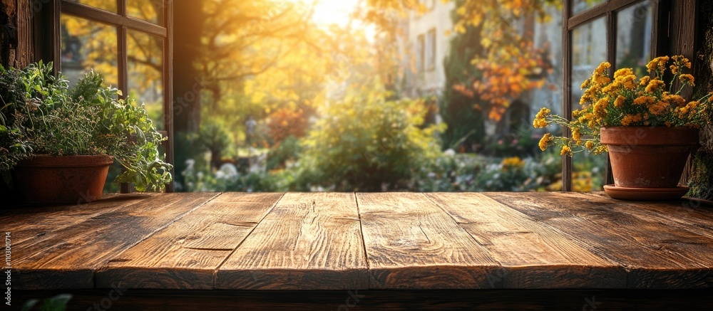 Rustic wooden tabletop with a sunlit garden view and potted plants in the background creating a warm, inviting atmosphere. Rustic wooden tabletop with a sunlit garden view and potted plants in the background creating a warm, inviting atmosphere.