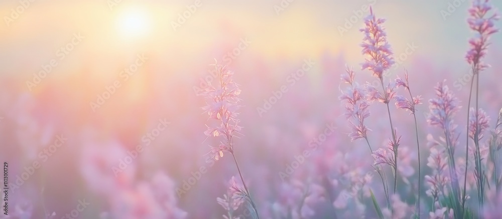 Morning sunlight illuminating vibrant grass flowers in a serene field creating a tranquil natural landscape atmosphere Morning sunlight illuminating vibrant grass flowers in a serene field creating a tranquil natural landscape atmosphere