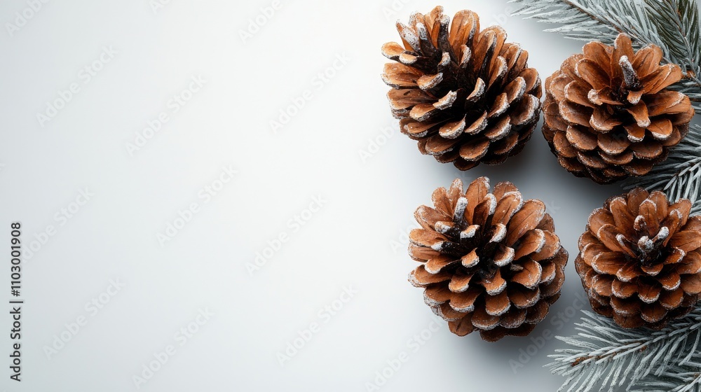 Pine cones and evergreen branches arranged on a white background showcasing natural textures and seasonal beauty